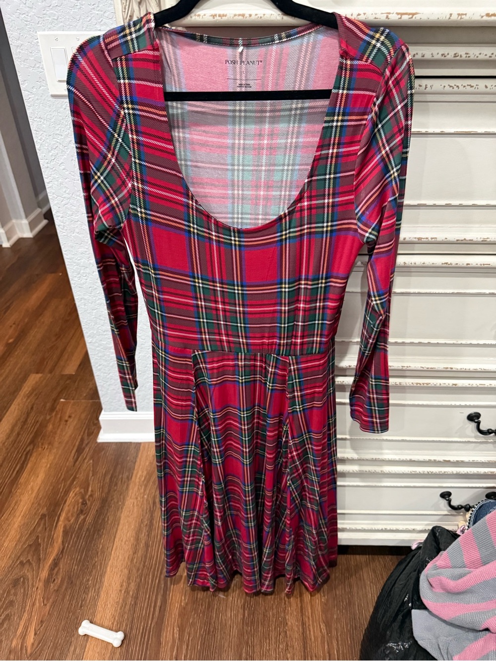 Pink Plaid Long-Sleeve Scoop Neck Dress by Posh Peabuf